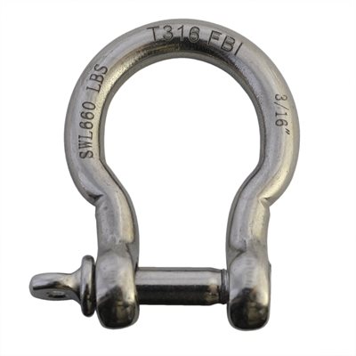 3 / 16 Type 316 Stainless Steel Screw Pin Bow Shackle, (5mm) WLL 660 Lbs